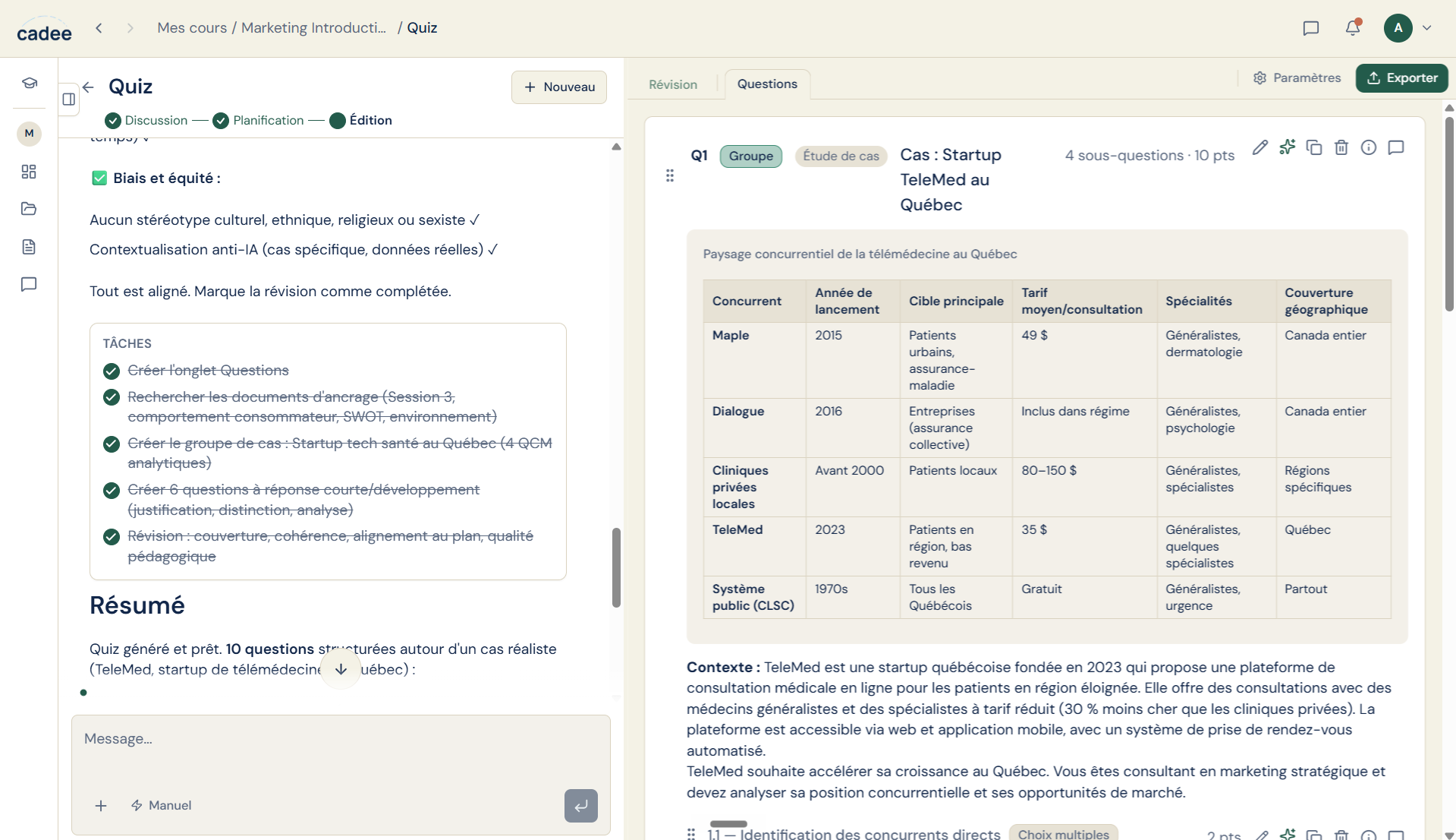Interface Cadee : édition d'un quiz avec révision automatique